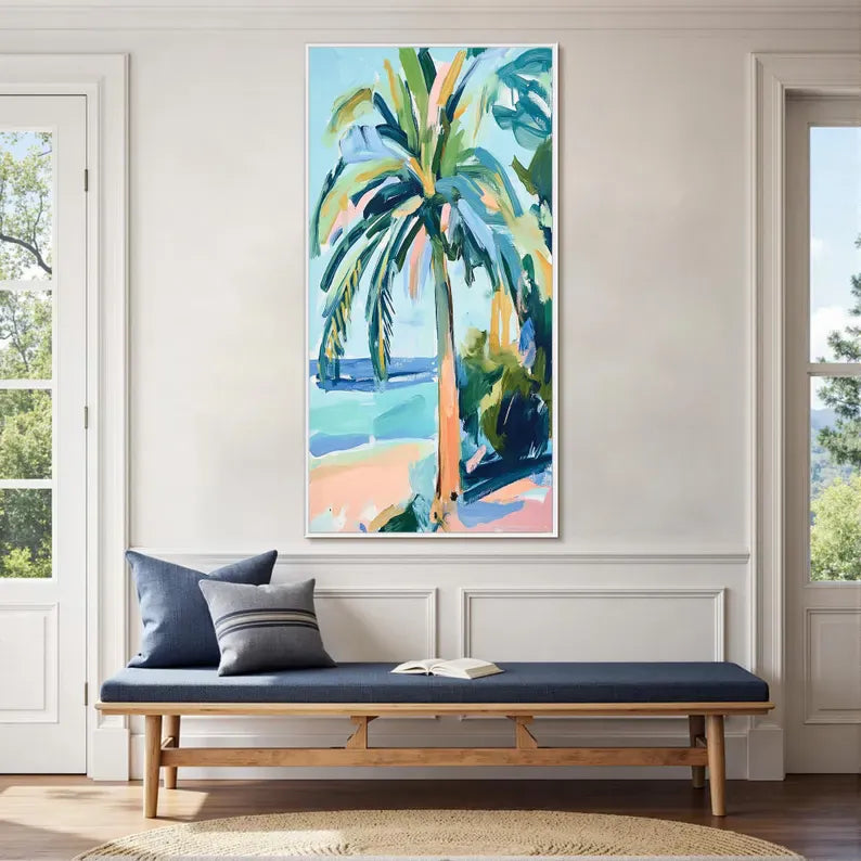 Abstract Palm Tree Beach Oil Painting Wall Art – Tropical Coastal Canvas Artwork#yy260623086