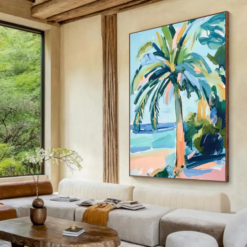 Abstract Palm Tree Beach Oil Painting Wall Art – Tropical Coastal Canvas Artwork#yy260623086