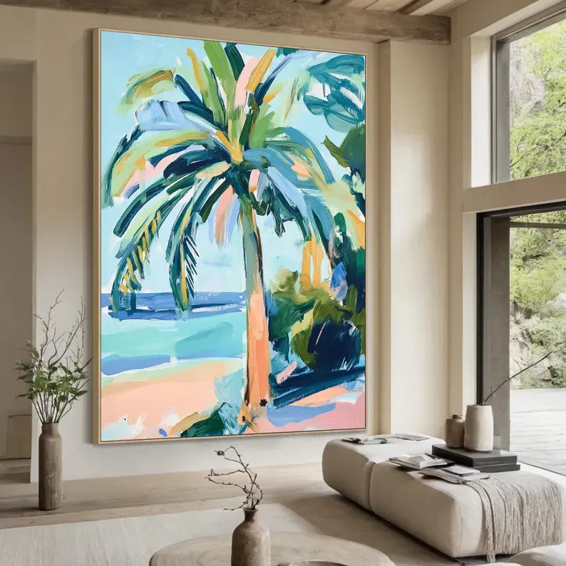 Abstract Palm Tree Beach Oil Painting Wall Art – Tropical Coastal Canvas Artwork#yy260623086