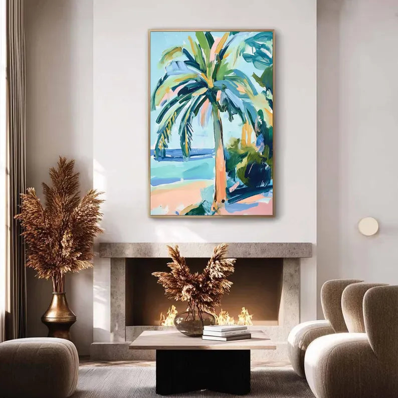 Abstract Palm Tree Beach Oil Painting Wall Art – Tropical Coastal Canvas Artwork#yy260623086