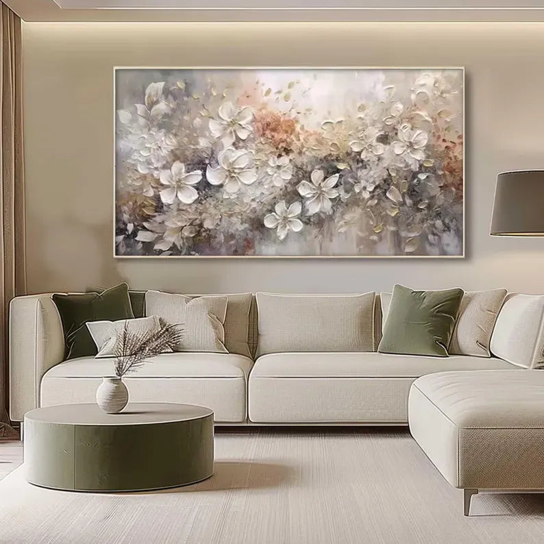 Large Floral Textured Wall Art – Neutral Abstract Flower Oil Painting#yy260623087