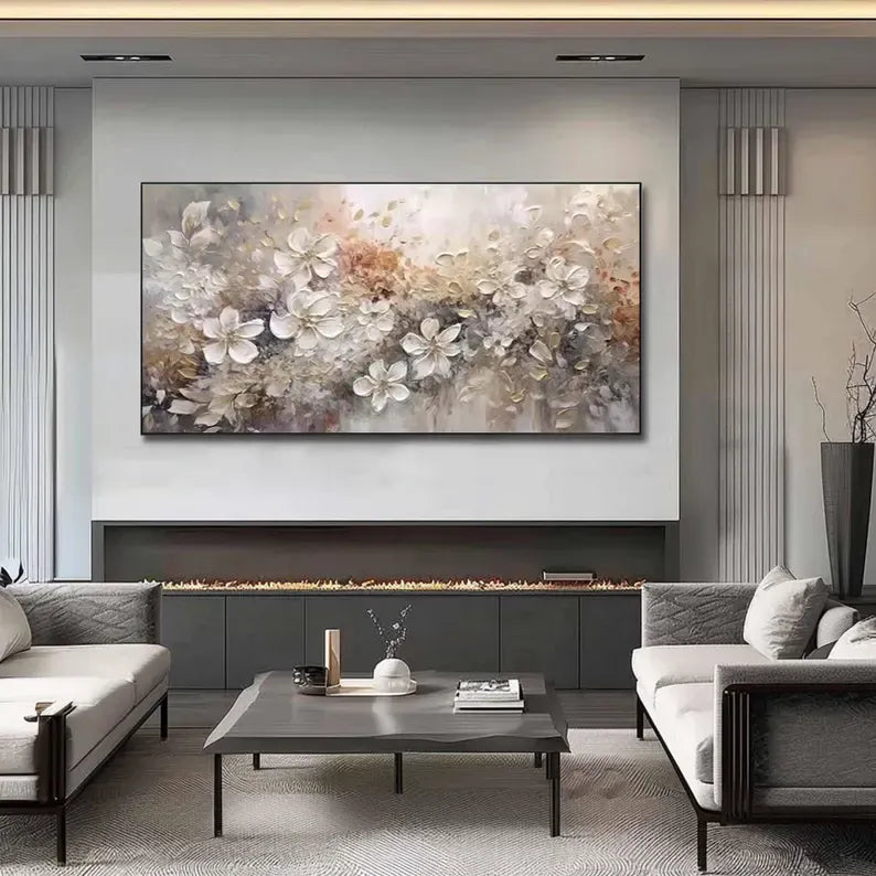 Large Floral Textured Wall Art – Neutral Abstract Flower Oil Painting#yy260623087
