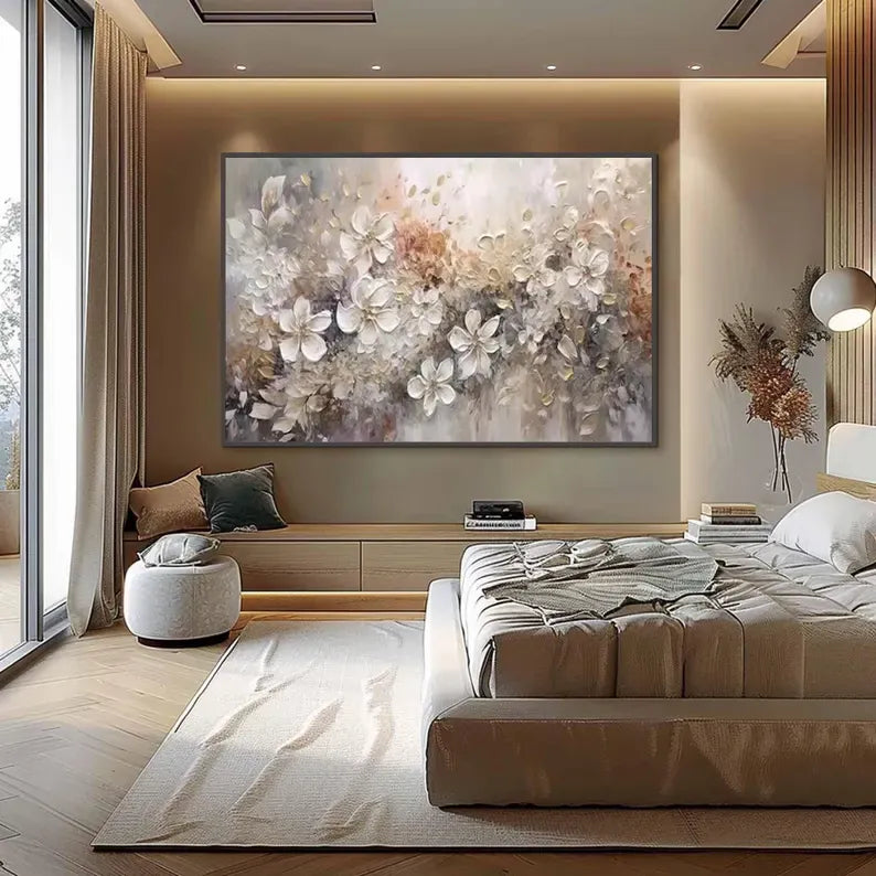Large Floral Textured Wall Art – Neutral Abstract Flower Oil Painting#yy260623087