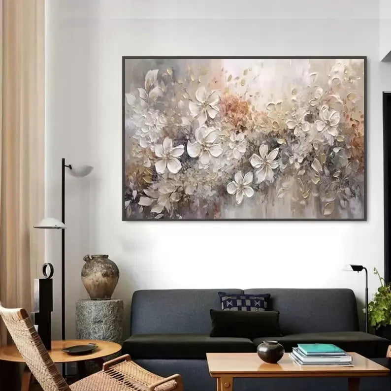 Large Floral Textured Wall Art – Neutral Abstract Flower Oil Painting#yy260623087