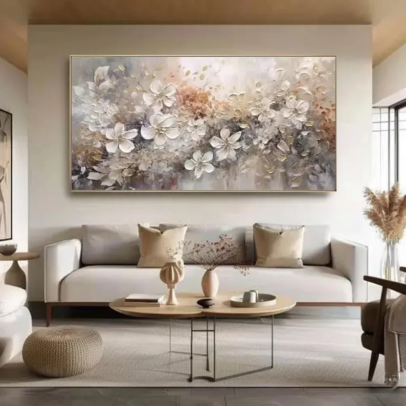 Large Floral Textured Wall Art – Neutral Abstract Flower Oil Painting#yy260623087
