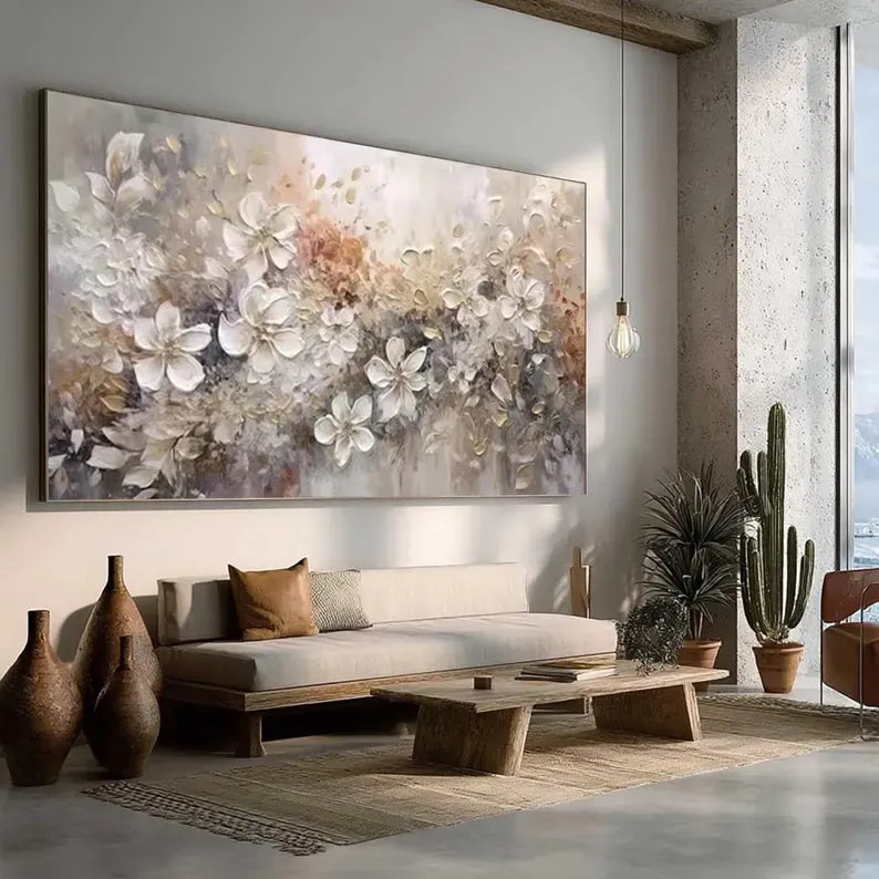 Large Floral Textured Wall Art – Neutral Abstract Flower Oil Painting#yy260623087