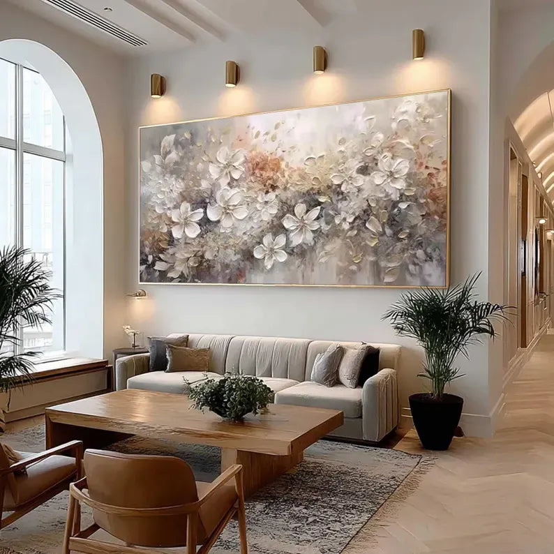 Large Floral Textured Wall Art – Neutral Abstract Flower Oil Painting#yy260623087