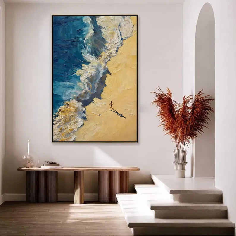 Abstract Coastal Wave Oil Painting Wall Art – Beach Shore Textured Canvas Artwork#yy260623088