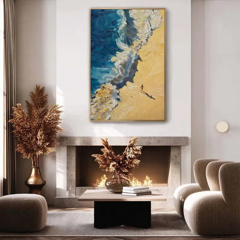 Abstract Coastal Wave Oil Painting Wall Art – Beach Shore Textured Canvas Artwork#yy260623088