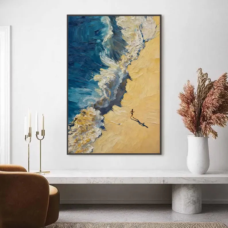 Abstract Coastal Wave Oil Painting Wall Art – Beach Shore Textured Canvas Artwork#yy260623088