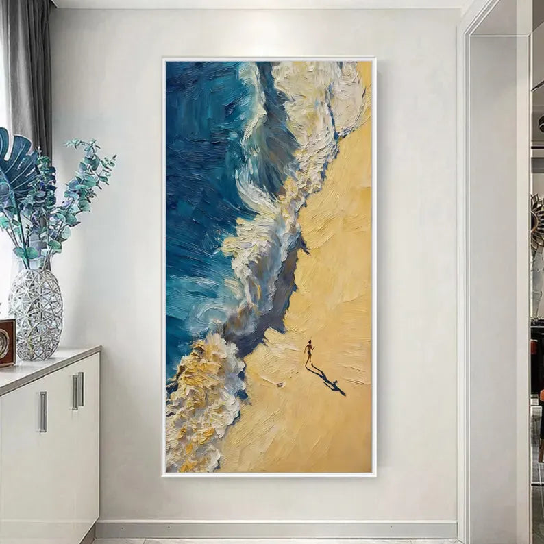 Abstract Coastal Wave Oil Painting Wall Art – Beach Shore Textured Canvas Artwork#yy260623088