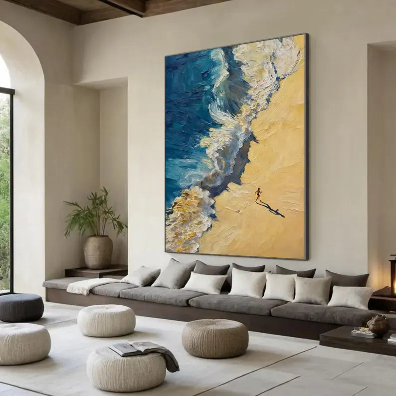 Abstract Coastal Wave Oil Painting Wall Art – Beach Shore Textured Canvas Artwork#yy260623088