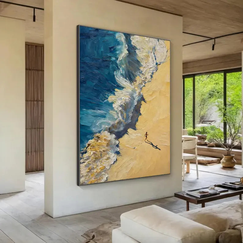 Abstract Coastal Wave Oil Painting Wall Art – Beach Shore Textured Canvas Artwork#yy260623088