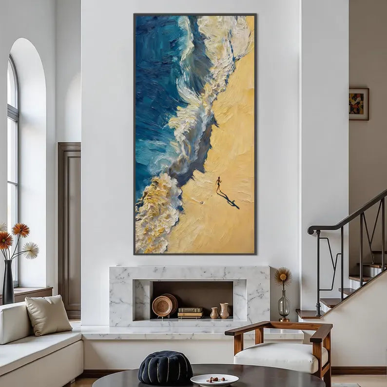 Abstract Coastal Wave Oil Painting Wall Art – Beach Shore Textured Canvas Artwork#yy260623088