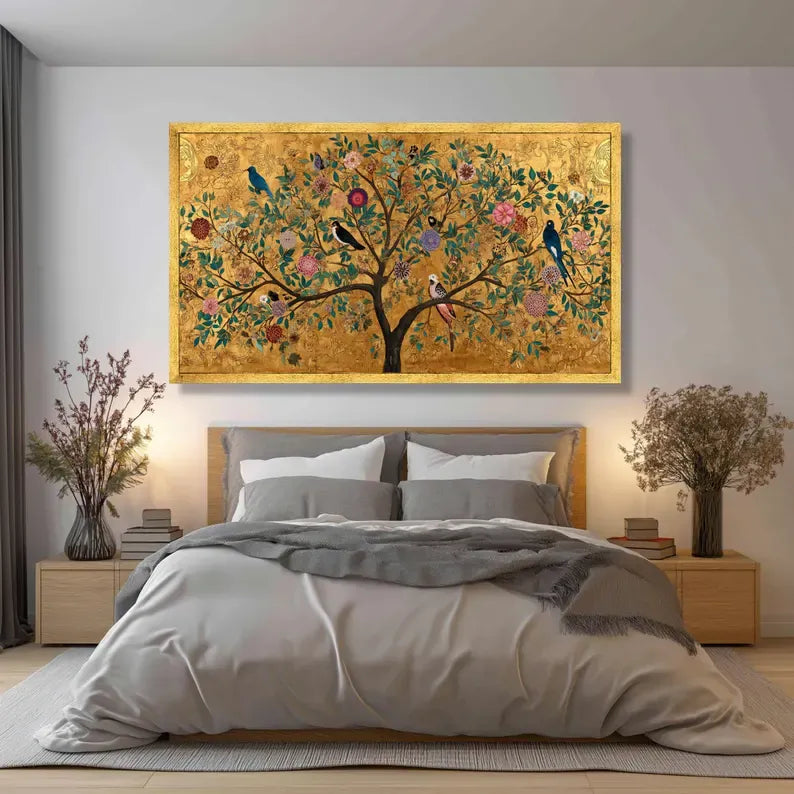 Golden Tree Botanical Painting – Luxury Floral Bird Canvas Wall Art#yy710019