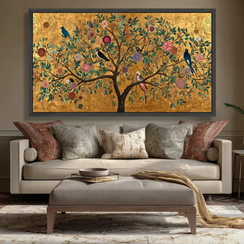 Golden Tree Botanical Painting – Luxury Floral Bird Canvas Wall Art#yy710019