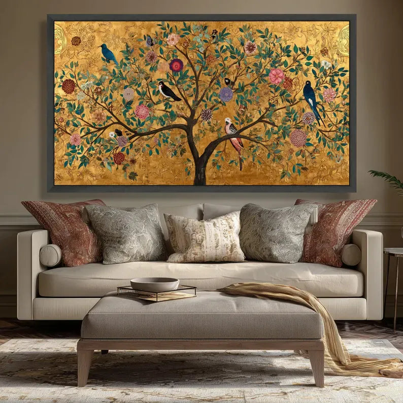 Golden Tree Botanical Painting – Luxury Floral Bird Canvas Wall Art#yy710019