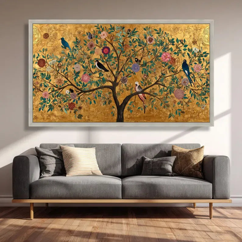 Golden Tree Botanical Painting – Luxury Floral Bird Canvas Wall Art#yy710019