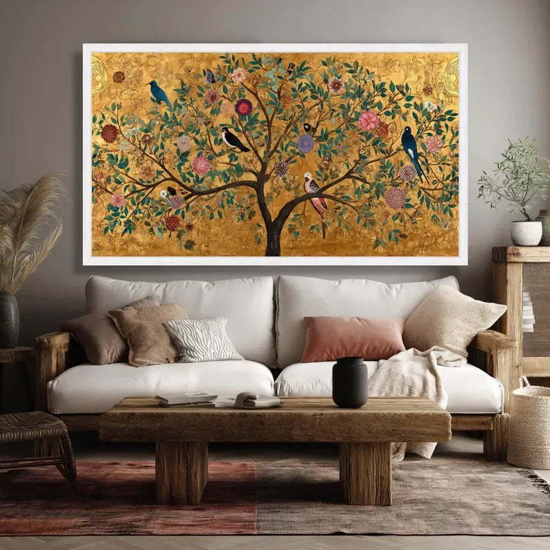 Golden Tree Botanical Painting – Luxury Floral Bird Canvas Wall Art#yy710019