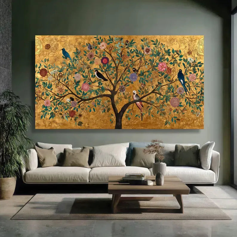 Golden Tree Botanical Painting – Luxury Floral Bird Canvas Wall Art#yy710019