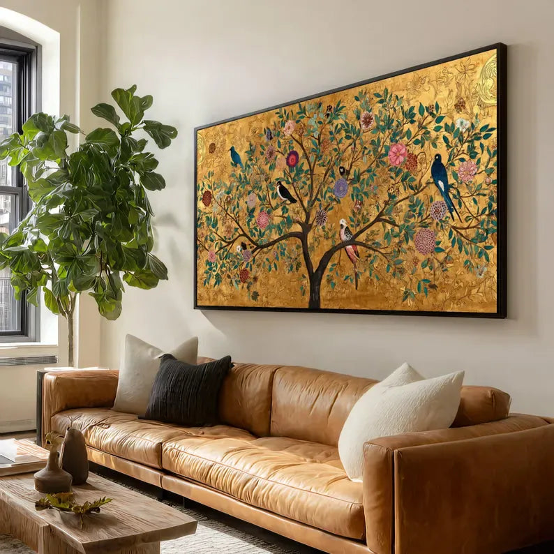 Golden Tree Botanical Painting – Luxury Floral Bird Canvas Wall Art#yy710019