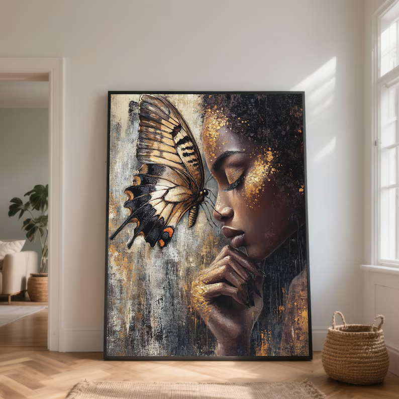 Butterfly Woman Portrait Painting – Luxury Gold Canvas Wall Art#yy710016