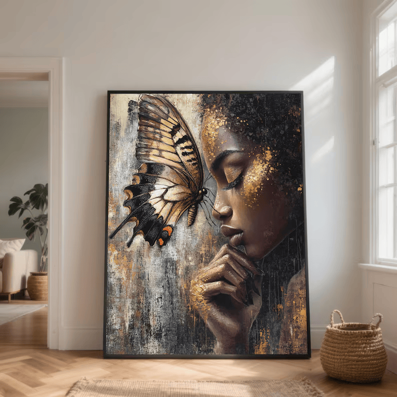 Butterfly Woman Portrait Painting – Luxury Gold Canvas Wall Art#yy710016