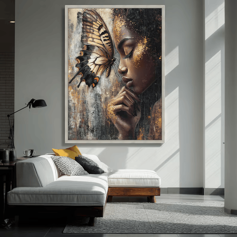 Butterfly Woman Portrait Painting – Luxury Gold Canvas Wall Art#yy710016