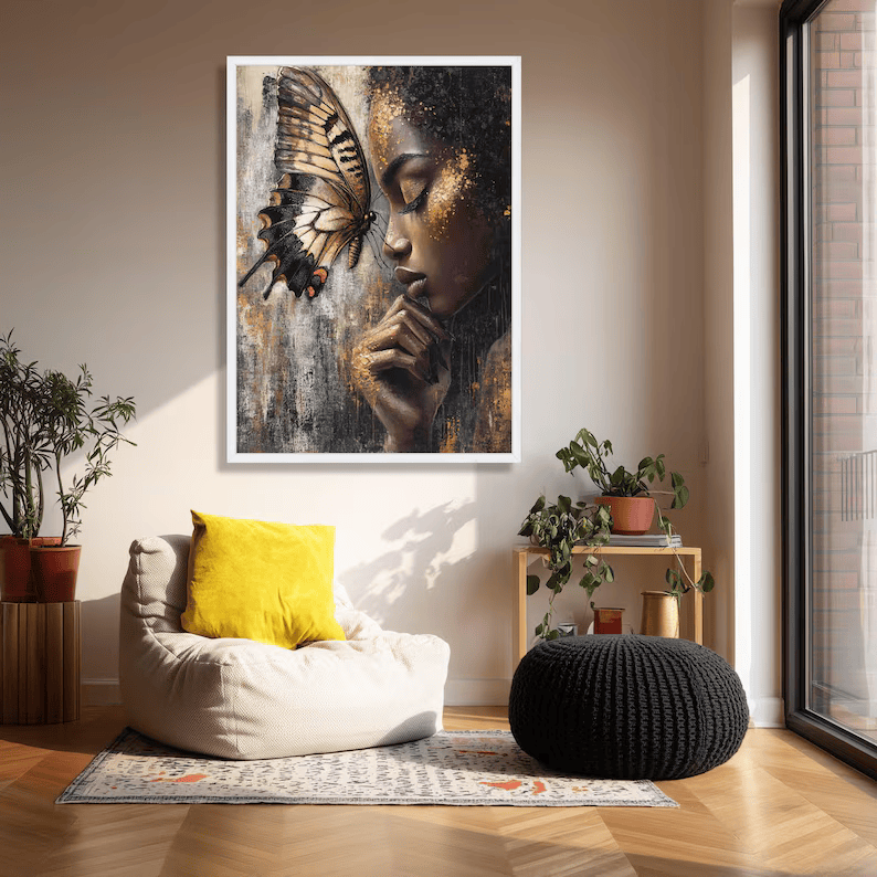 Butterfly Woman Portrait Painting – Luxury Gold Canvas Wall Art#yy710016