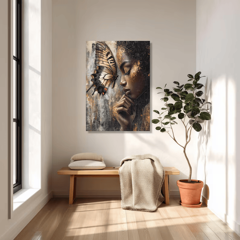 Butterfly Woman Portrait Painting – Luxury Gold Canvas Wall Art#yy710016