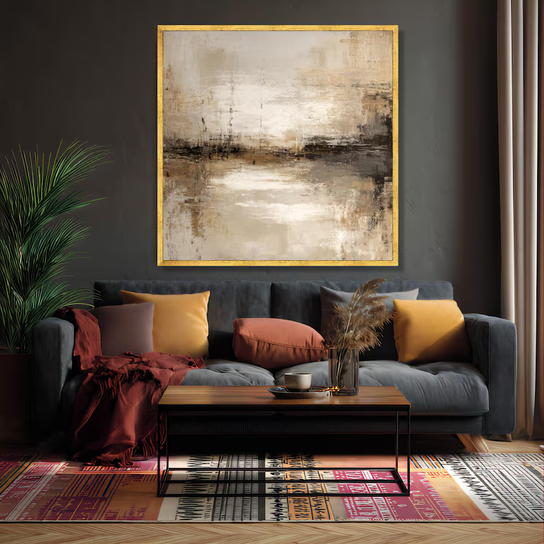 Neutral Abstract Landscape Painting – Minimalist Square Wall Art#yy710031