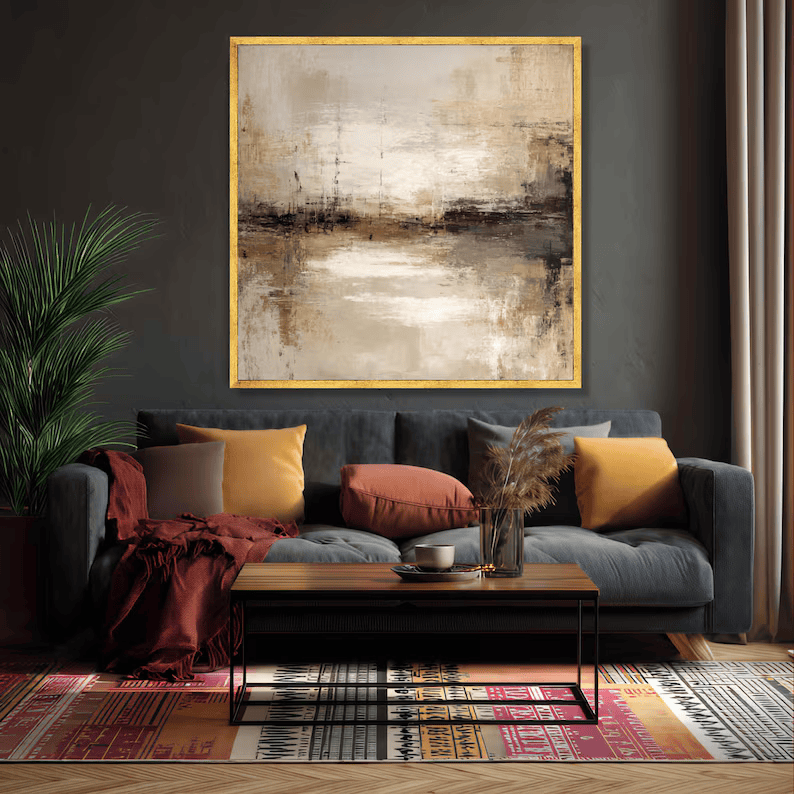 Neutral Abstract Landscape Painting – Minimalist Square Wall Art#yy710031