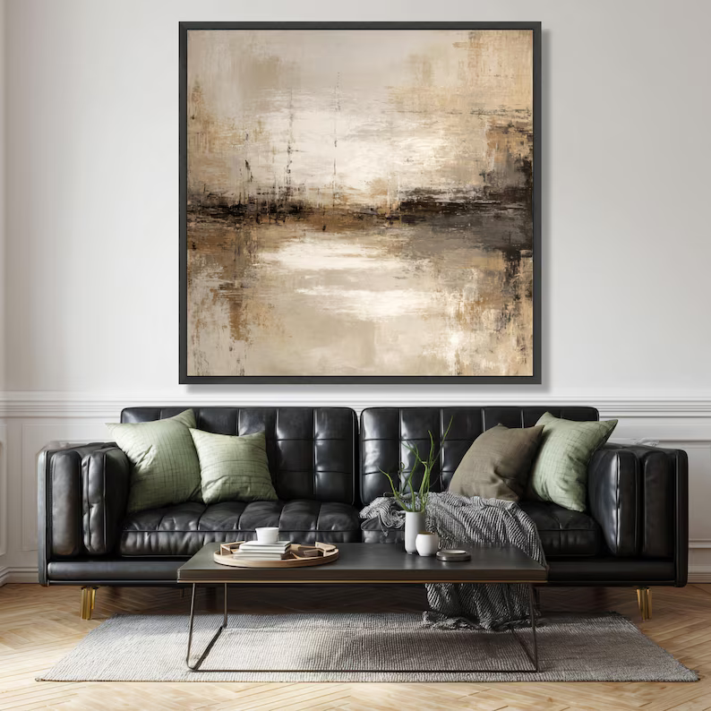 Neutral Abstract Landscape Painting – Minimalist Square Wall Art#yy710031