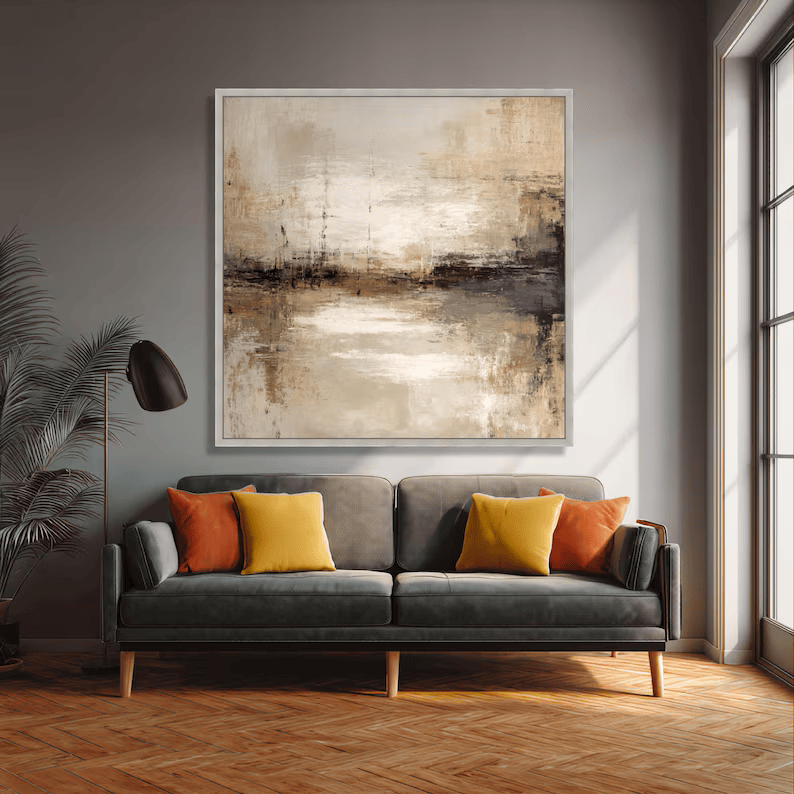 Neutral Abstract Landscape Painting – Minimalist Square Wall Art#yy710031