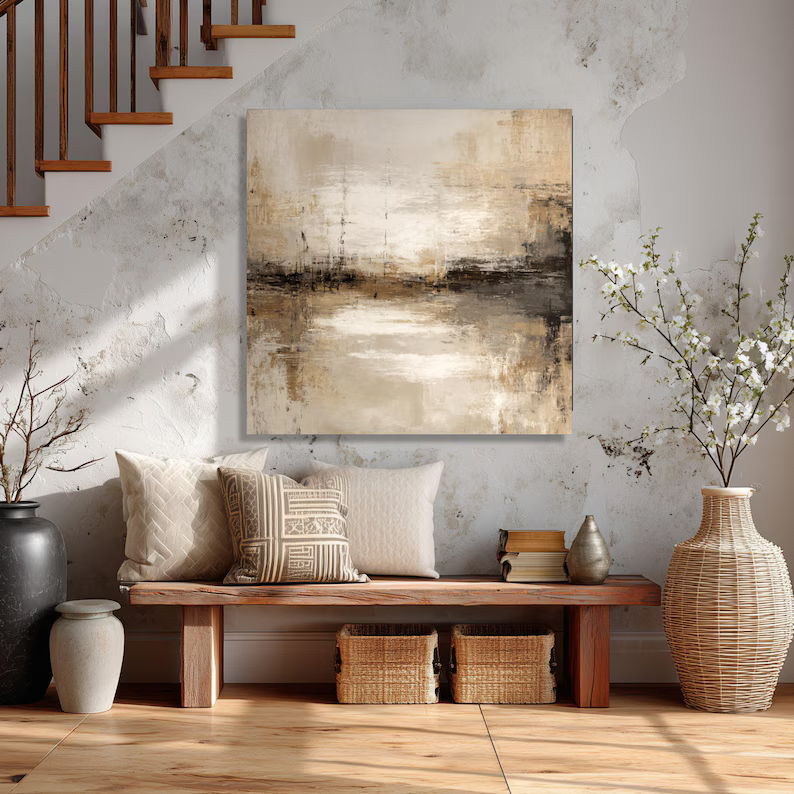 Neutral Abstract Landscape Painting – Minimalist Square Wall Art#yy710031