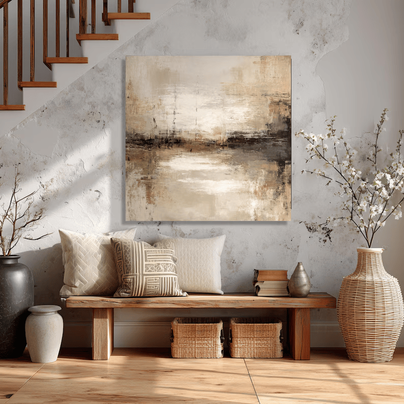 Neutral Abstract Landscape Painting – Minimalist Square Wall Art#yy710031
