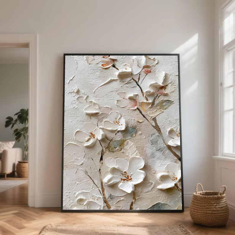 White Textured Floral Painting – 3D Flower Canvas Wall Art#yy710032