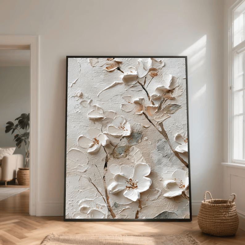 texture White Textured Floral Painting – 3D Flower Canvas Wall Art#yy710032