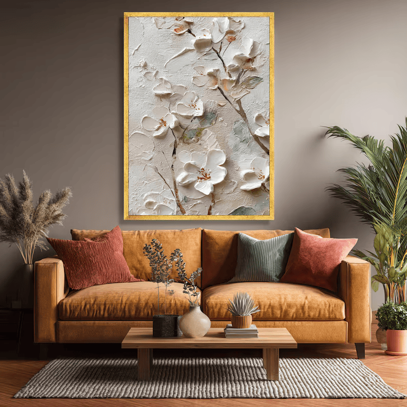 White Textured Floral Painting – 3D Flower Canvas Wall Art#yy710032
