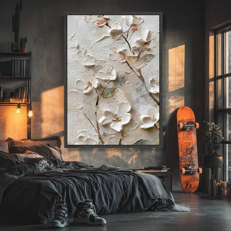White Textured Floral Painting – 3D Flower Canvas Wall Art#yy710032