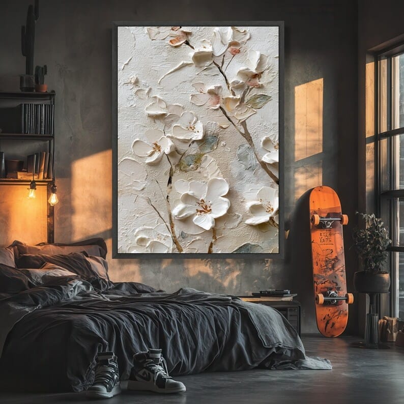 White Textured Floral Painting – 3D Flower Canvas Wall Art#yy710032