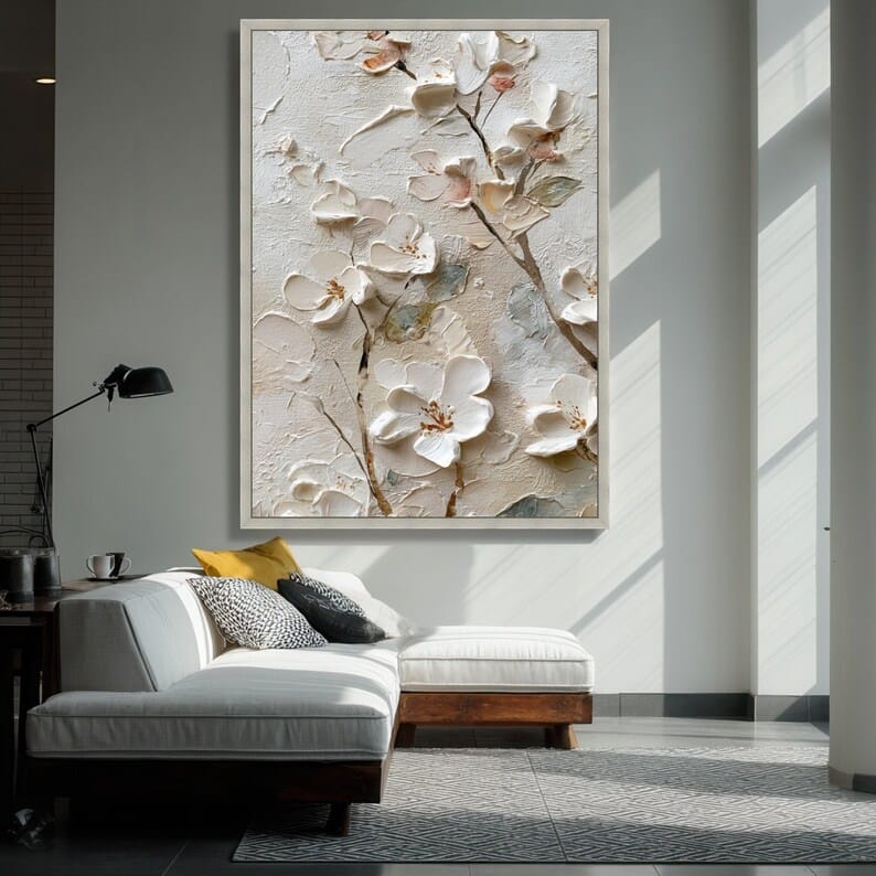White Textured Floral Painting – 3D Flower Canvas Wall Art#yy710032