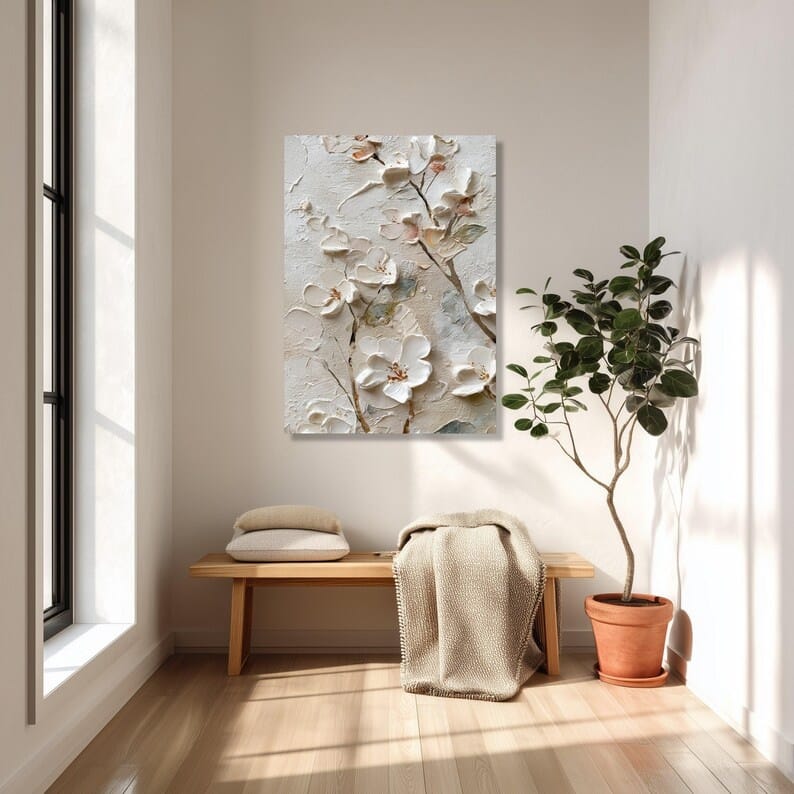 White Textured Floral Painting – 3D Flower Canvas Wall Art#yy710032