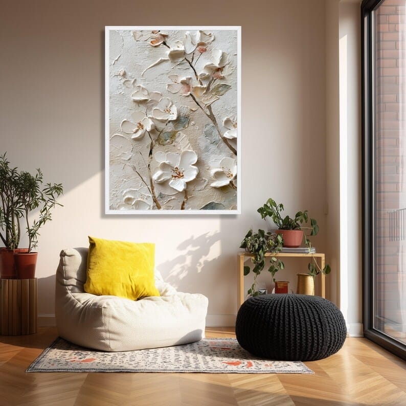 White Textured Floral Painting – 3D Flower Canvas Wall Art#yy710032