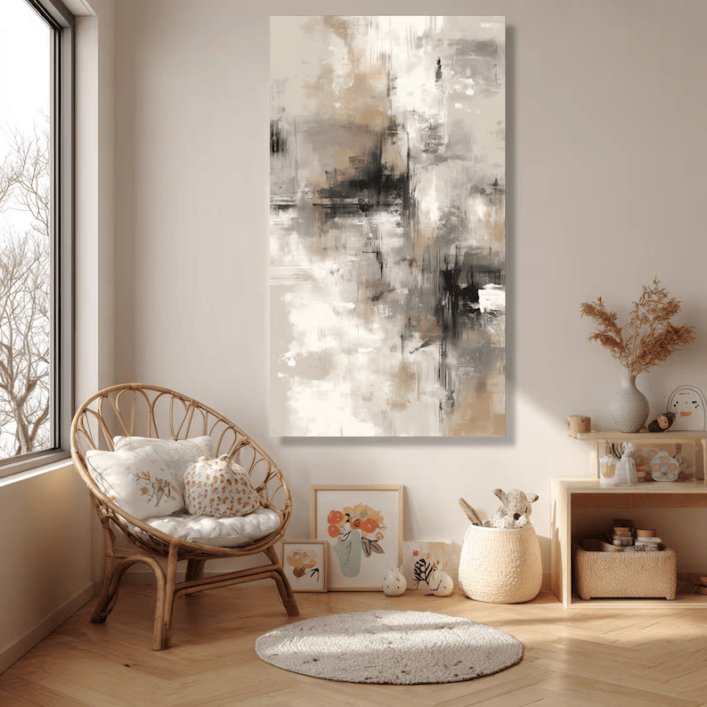 Neutral Vertical Abstract Painting – Modern Textured Wall Art#yy710033