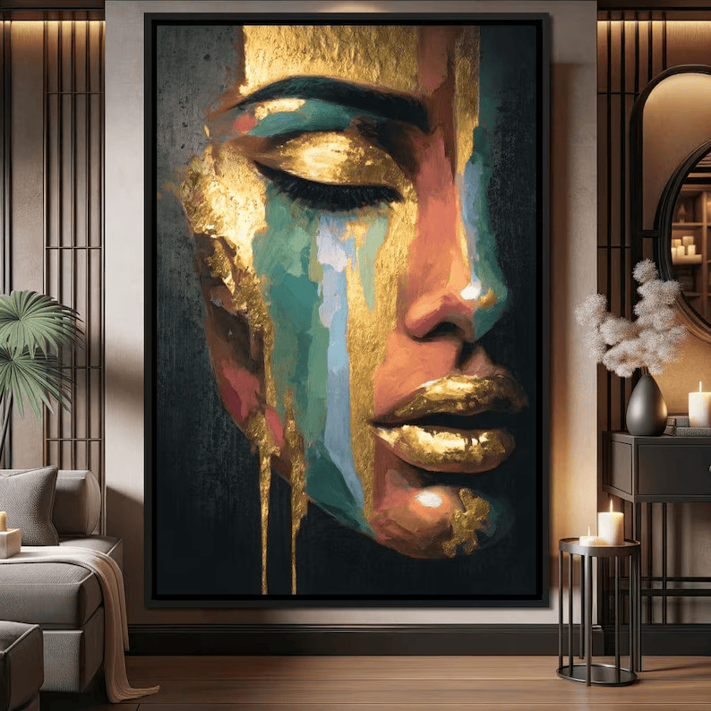 Abstract Female Portrait Painting – Luxury Gold Canvas Wall Art#yy710014