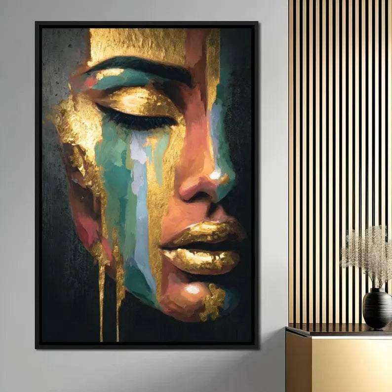 Abstract Female Portrait Painting – Luxury Gold Canvas Wall Art#yy710014