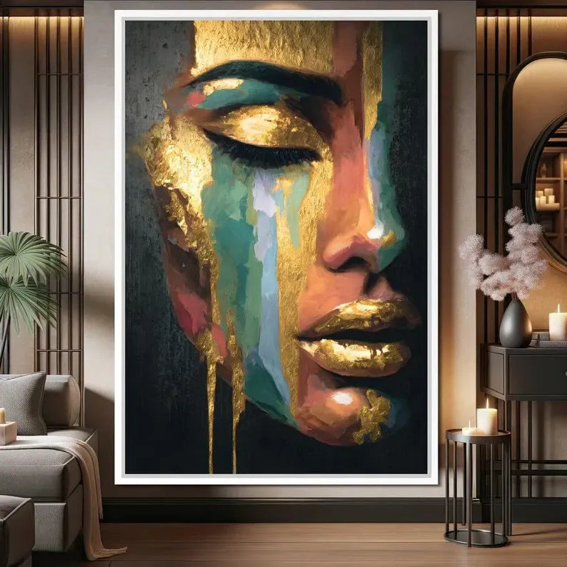 Abstract Female Portrait Painting – Luxury Gold Canvas Wall Art#yy710014