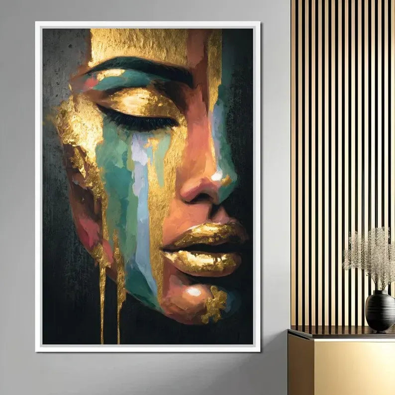 Abstract Female Portrait Painting – Luxury Gold Canvas Wall Art#yy710014