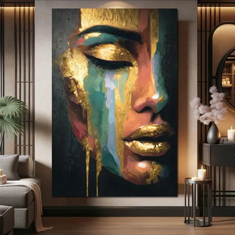 Abstract Female Portrait Painting – Luxury Gold Canvas Wall Art#yy710014